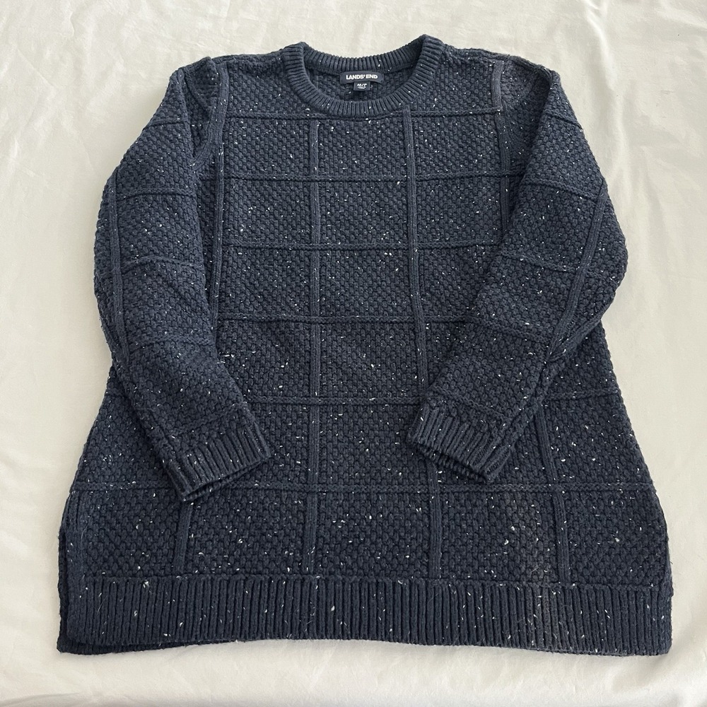 Land's End Fisherman Sweater Womens M 10-12 Cable Knit Navy Blue Pullover Long